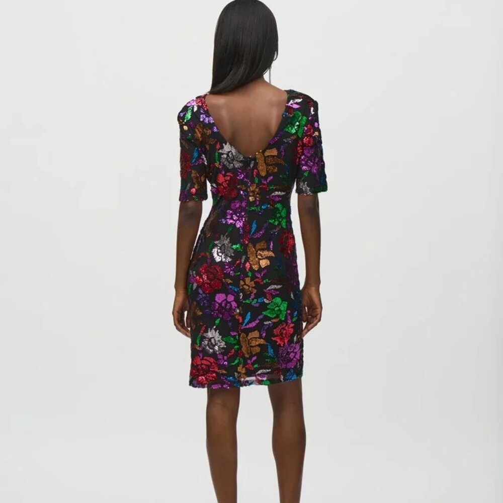 Sequined Mesh Floral Print Sheath Dress - Joseph Ribkoff - Picture 2 of 2